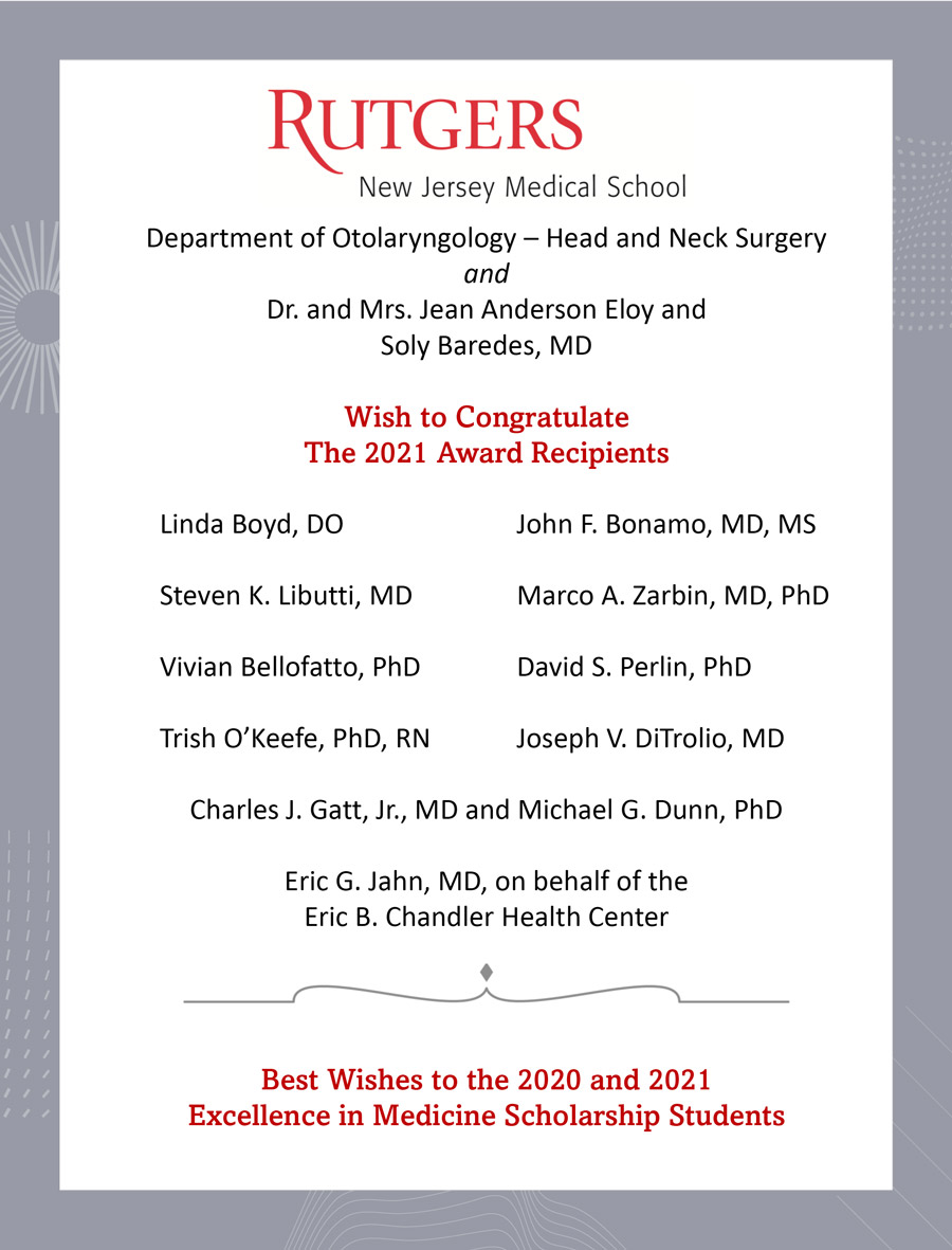 Dr. and Mrs. Jean Anderson Eloy, <br>Soly Baredes, MD,<br> <em>and</em> <br>the Rutgers NJMS Department of Otolaryngology – Head and Neck Surgery advertisement